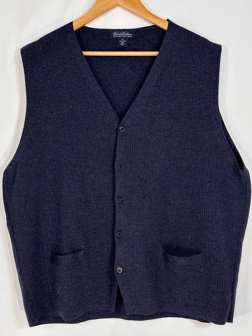 Brooks Brothers Mens XL 100% Merino Wool Sweater Vest Navy Made in Italy Classic